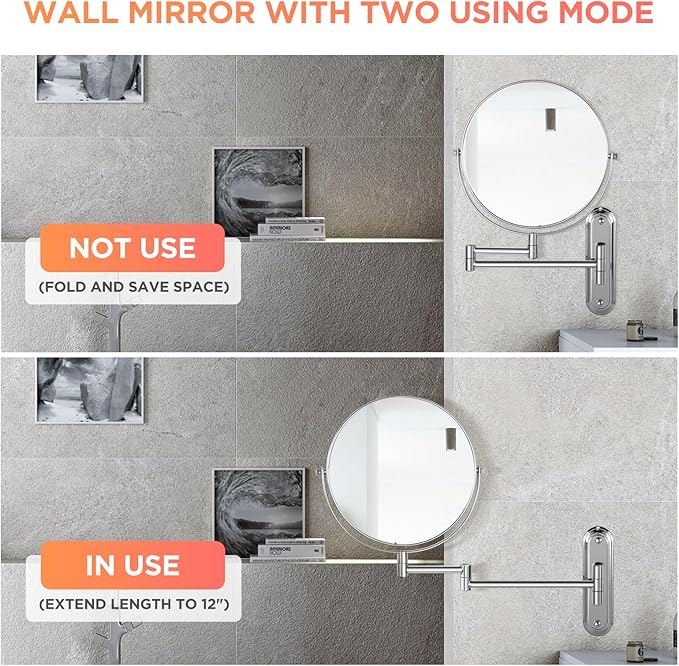 Wall Mounted Makeup Mirror - 8.5in Double Sided Makeup Mirror with Extended Arm,1X/15X Magnifying Mirror for Makeup or Shaving - Chrome, No Lights