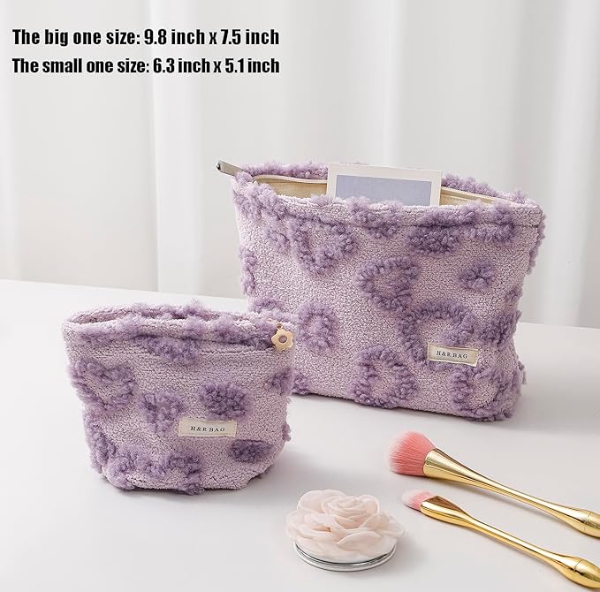 2 Pcs Makeup Bags, Large Cosmetic Bag Travel Toiletry Bag Organizer for Women, Plush Makeup Bag Small Cosmetic Pouch Purse with Zipper Gifts for Girls Teen