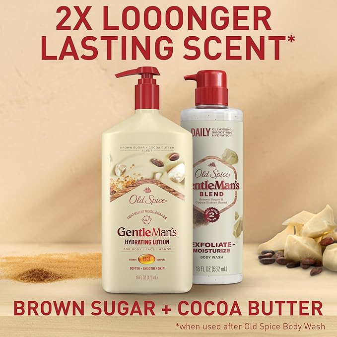 Old Spice Hand, Face & Body Lotion for Men, 24/7 Lightweight Moisturization with Vitamin B3, Instant Absorption, For All Skin Types, Brown Sugar + Cocoa Butter Scent, 16 oz