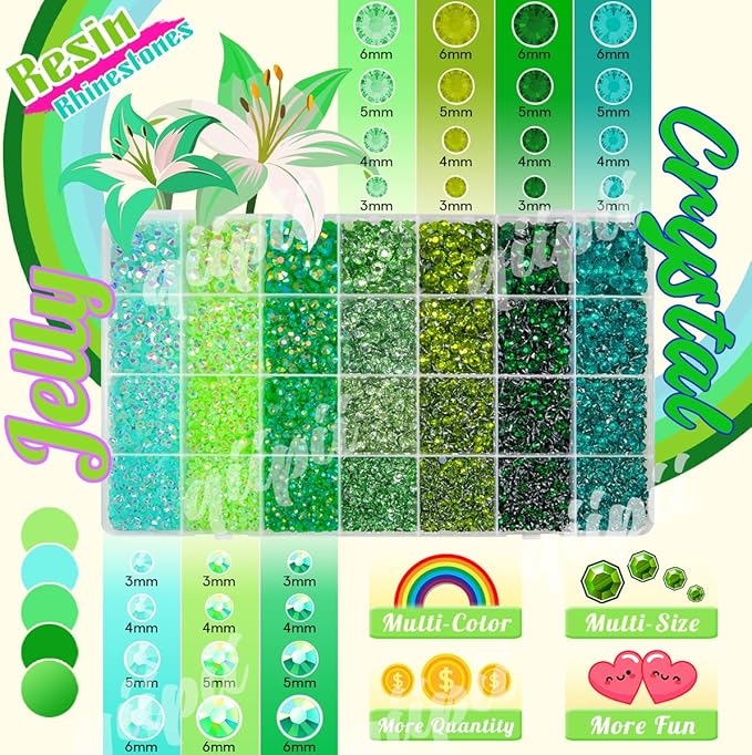28 Types Green Jelly Resin Rhinestones w B7000 Jewelry Glue for Bedazzling Crafting 3-6mm Flatback Colorful Stones Gems Diamonds for Face Eyes Makeup DIY Crafts Tumblers Bottles Clothes Shoes