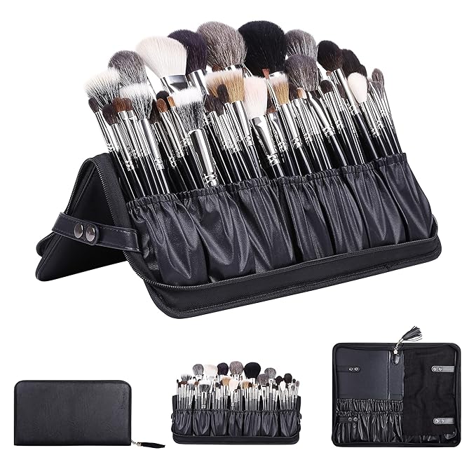 Rownyeon Professional Makeup Brushes Organizer Bag Makeup Artist Cosmetic Case Leather Handbag Black Travel Portable(Only Bag)