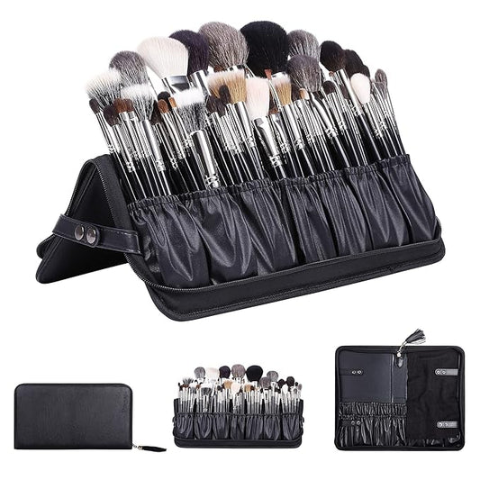 Rownyeon Professional Makeup Brushes Organizer Bag Makeup Artist Cosmetic Case Leather Handbag Black Travel Portable(Only Bag)