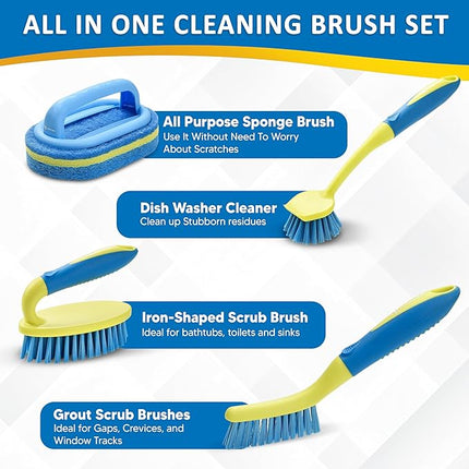 Scrub Brush Set for Bathroom Kitchen Bathtub Toilet Deep Cleaning Brush Tools All Purpose Cleaner Sponge Scrubbing Brushes with Ergonomic Handle, 4-Piece