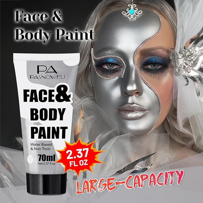 Silver Face Paint 70ml Large Capacity - Non-Toxic Washable Body Paint for Halloween Skeleton Ghost Looks, Full Coverage Face Body Paint for Halloween SFX Cosplay Makeup ,Costume Events