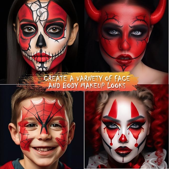 BOBISUKA Red Face Body Paint Liquid Texture Washable Non Toxic Facepaint Fast Drying Foundation Makeup for Halloween Clown Joker Devil Cosplay SFX Costume Party