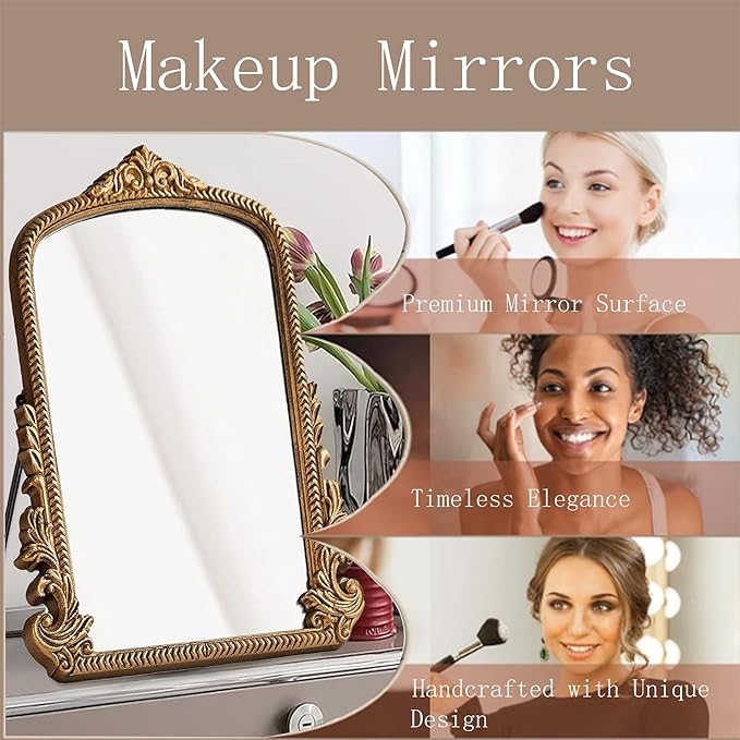 Small Gold Vintage Vanity Mirror, Antique Gold Wooden Framed Standing Tabletop Mirror, Traditional Chic Arch Makeup Mirror for Living Room, Bedroom, Bathroom, or Office Decor, 11.8" x 9.6"