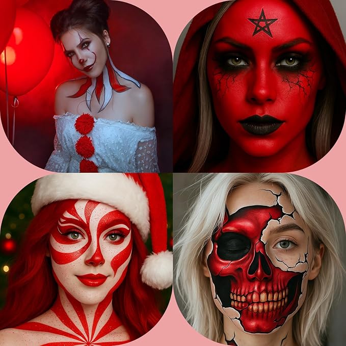 BOBISUKA Devil Red Face Body Paint, Water-Based Face Painting Kit & Body Paints, Kids Adults Facepaint for Halloween Demon Gothic Vampire La-Catrina SFX Makeup, Costume Cosplay Party Theater & Stage