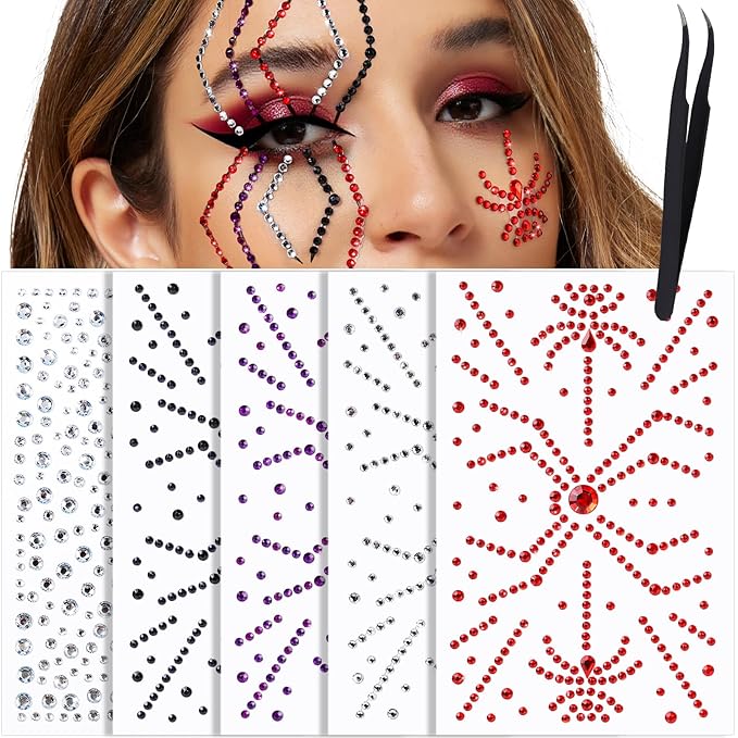 YGDZ Face Gems for Women, Halloween Face Jewels Stickers, 4 Color (Red, Black, Purple, Silver) Spider Web Rhinestones for Face Makeup, Rave Accessories