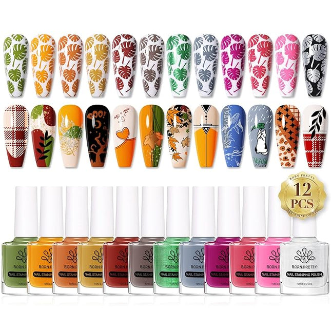 BORN PRETTY Stamping Nail Polish 12Colors Fall Winter Stamping Polish Set for Stamp Nails