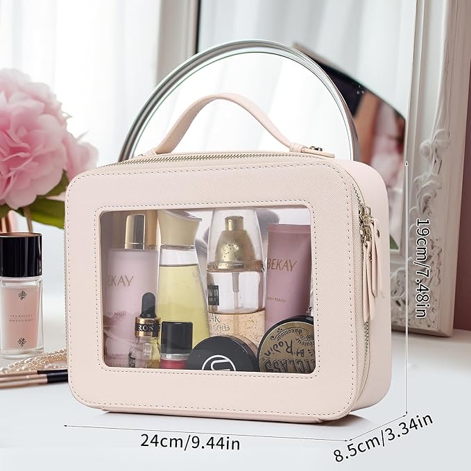 Pinkmik Clear Makeup Bag for Women Waterproof Travel Cosmetics and Toiletries Case Portable Makeup Oaganizer Bag Clear Car Bag with Zipper (Beige, L)
