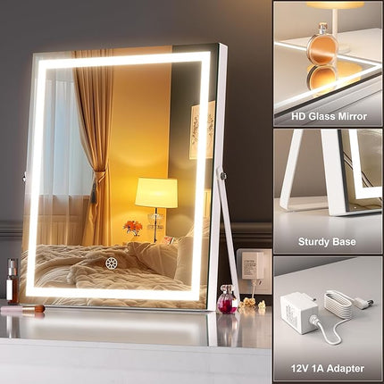 Hasipu Vanity Mirror with Lights and Bluetooth Speaker, 11.4" x 13.8" LED Makeup Mirror with 10X Magnification, Smart Touch 3 Colors Dimmable, Brightness Adjustment, 360° Rotation, White