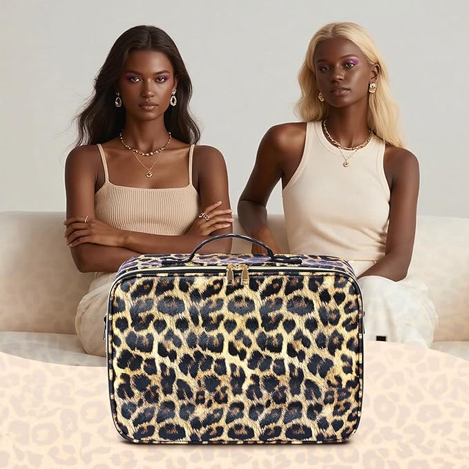 Large Travel Makeup Bag with LED Mirror, 3-Color Stepless Dimming Stand Mirror Detachable, with Adjustable Divider, Makeup Brush Holder Storage (Leopard)