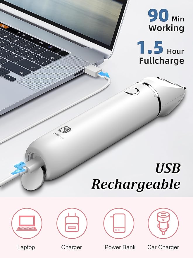 Bikini Trimmer and Shaver Kit for Women - 2-in-1 Wet/Dry Electric Body Hair Trimmer Facial Hair Removal Cordless Waterproof Bikini Shaver Razor for Face Lip Chin Pubic Underarm Legs (White)