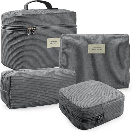 4 Pcs Makeup Bag for Women Corduroy Cosmetic Bag Aesthetic Cute Bags Multi Size Purse Pouch Travel Toiletry Bag Set Makeup Organizer with Zipper (08-Gray)