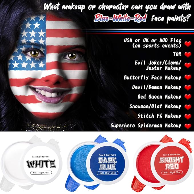 TonJin White Red Blue Face Body Paint Set 5.28oz,Non-Toxic Professional Facepaint Makeup Kit with 3 Brushes for Kids & Adults 4th of July USA Independence Day Football Softball Players Clown Spiderman