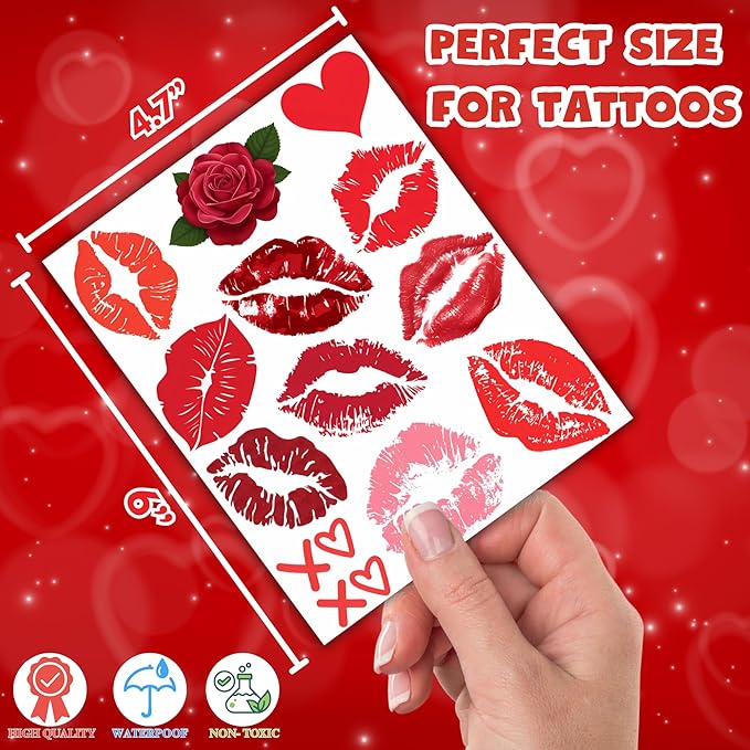 50 Pieces Valentines Lip Temporary Tattoos, Red Pink Lip Print Kiss Face Tattoo Stickers Body Decorations for Girls Kids