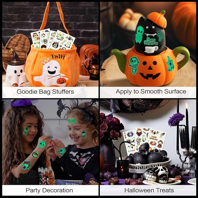 120 PCS Glow Halloween Tattoos for kids, Luminous Temporary Tattoo Stickers Halloween Party Favors, Trick or Treats, Goodie Bag Stuffers, Gifts, Halloween Makeup Decorations, Party Supplies