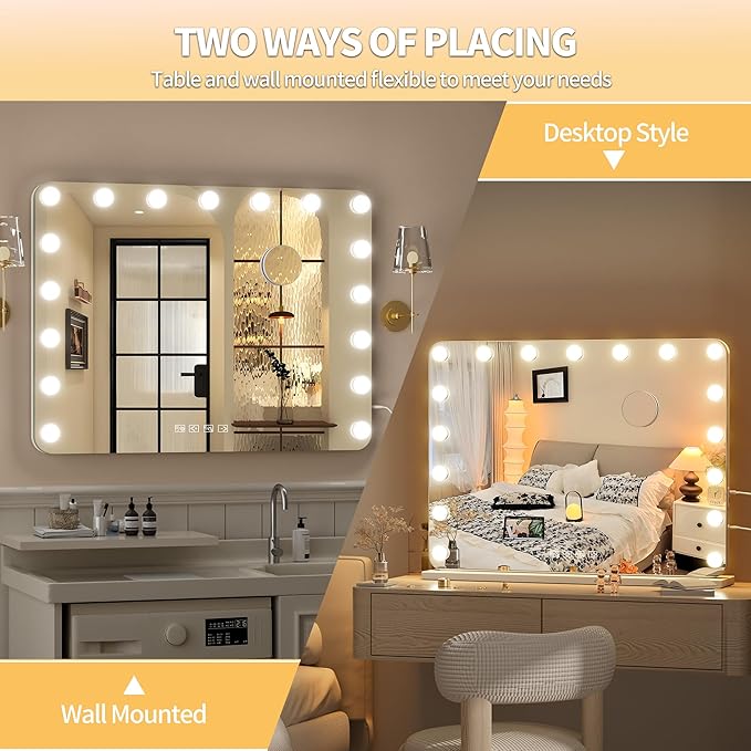 Hasipu Vanity Mirror with Lights and Bluetooth Speaker, 31.5" x 23.6" Hollywood Mirror, Makeup Mirror with 17 Dimmable Bulbs and 10X Magnification, 3 Colors Modes, USB Charging Port, Type-C (White)