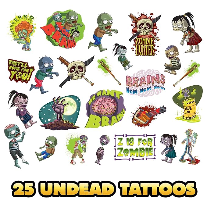 Zombie Halloween Tattoos Variety Pack – 25 Pack of Scary Temporary Tattoos for Kids & Adults, Fake Wounds, Blood, Stitches, Rotting Skin, Party Favors & Costume Makeup