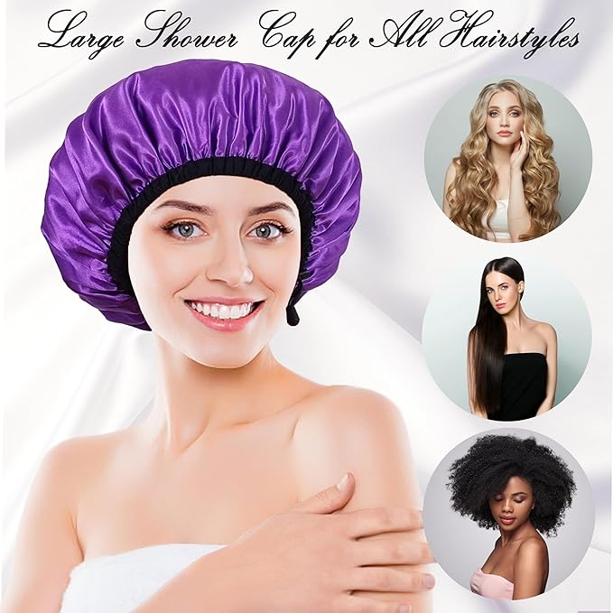 Shower Cap for Women, Large Shower Caps Reusable Waterproof with Elastic Band, Silky Satin Double-layer Bath Cap for Braids Long Hair