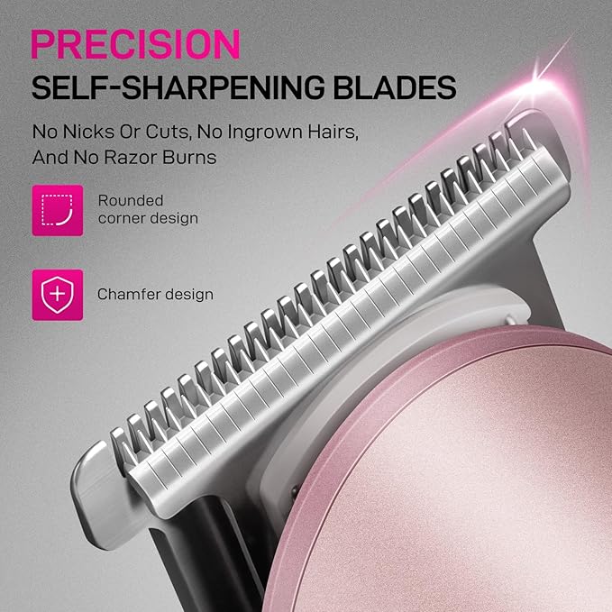 PRITECH Bikini Trimmer for Women - Rechargeable Pubic Hair Trimmer for Sensitive Skin, Wet & Dry Use, Pain-Free Electric Razor&Shaver with Standing Recharge Dock, Ideal Gift for Women, Rose Gold