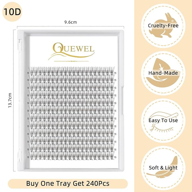 QUEWEL Cluster Lashes 240Pcs Individual Lashes 10D 0.10C Curl 15mm Knot-Free Lash Extensions Clusters Lashes Soft&Natural False Eyelashes Individual DIY Eyelash Extension at Home(10D 0.10C 15)