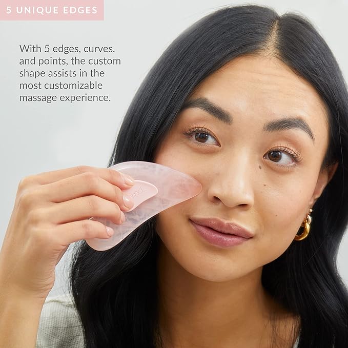 PMD Beauty Gua Sha Facial Tools - Massaging, Sculpting and Depuffing Guasha Tool for Face with Rose Quartz and Silicone Grip - Reduce Tension & Inflammation, with Starter Kit
