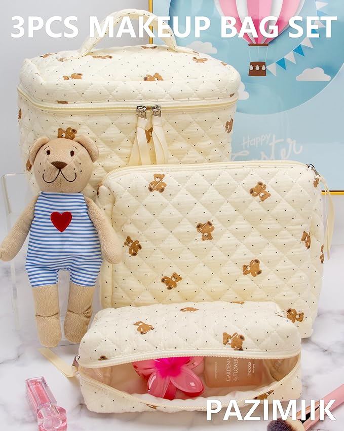 PAZIMIIK 3PCS Makeup Bag SET Large Travel Quilted Zipper Soft Cosmetic Case Pouch for Women Girls Make Up,Gauze Bear