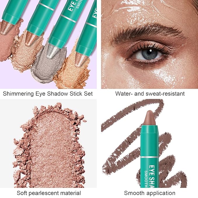 4Pcs Eyeshadow Stick, Eye Brightener Stick, Shimmer Creamy Eye Shadow Makeup, Waterproof Long Lasting Glitter Highlighter Eye Liner Pencil (4PCS B)