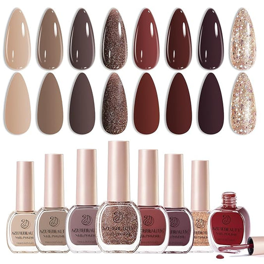 AZUREBEAUTY Brown Shades Champagne Glitter Nail Polish Set 8 Colors, Quick Dry Natural Nail Lacquer Strengthening Treatment Kit DIY Salon