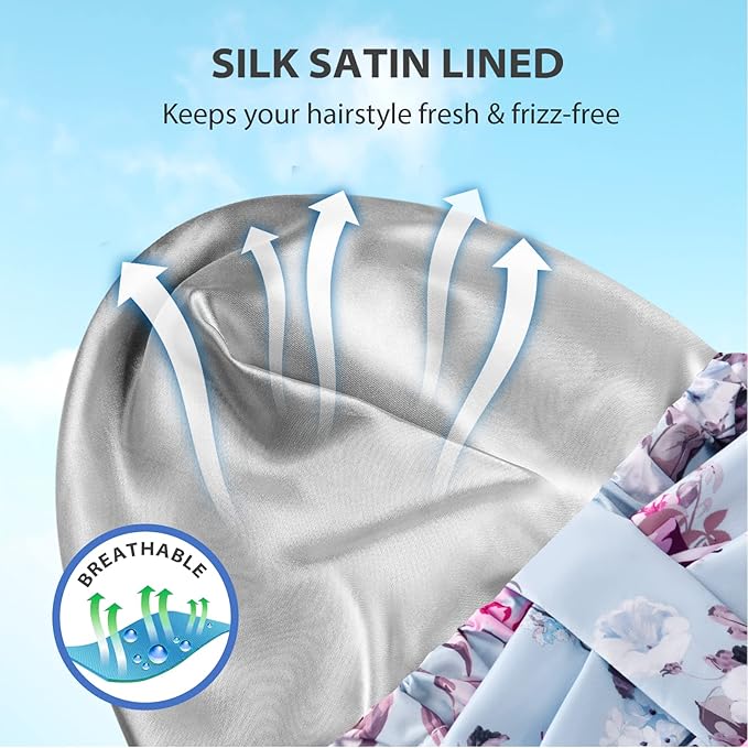 INNELO Luxury Shower Cap for Women Reusable Waterproof, Double Layered Shower Hair Cap with Adjustable Elastic Strap, Large Satin Lined Shower Bath Cap for Long Curly Straight Hair, Blue-Flower