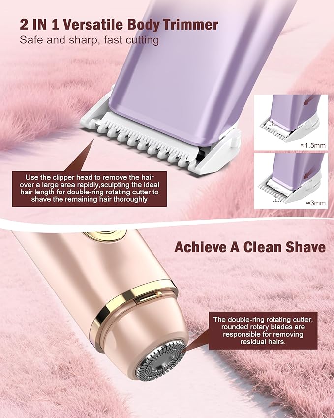 Bikini Trimmer for Women - 2 in 1 Dual Head Bikini Shaver, Painless Electric Razors for Silk Skin, Ceramic Blade, Waterproof Wet & Dry Use Body Hair Removal for Trip（Purple）