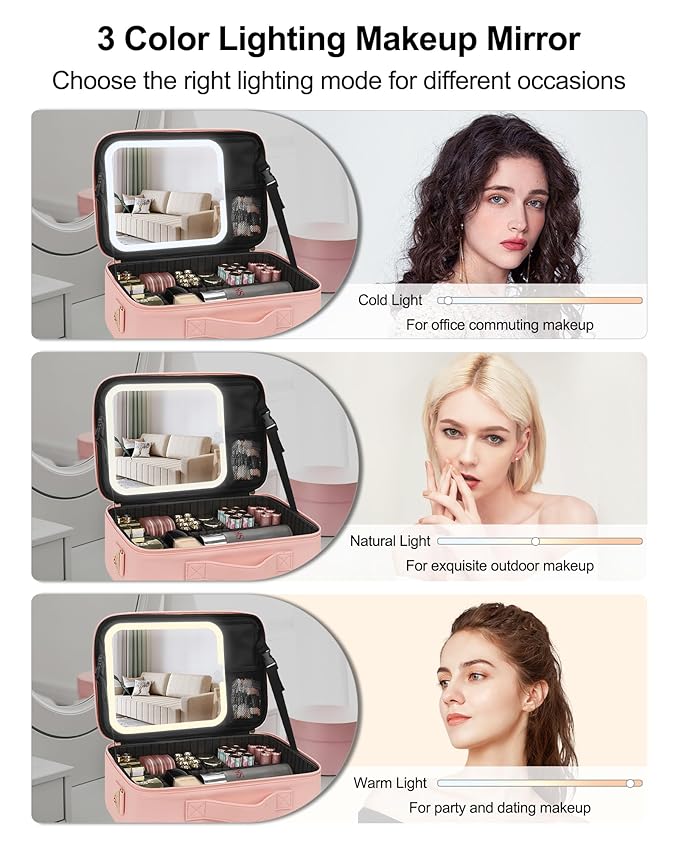 Relavel Makeup Train Case With LED Mirror, Professional Travel Cosmetic Bag with Removable Partitions,Compact Makeup Organizer, Waterproof Toiletry Case for Women, Pink