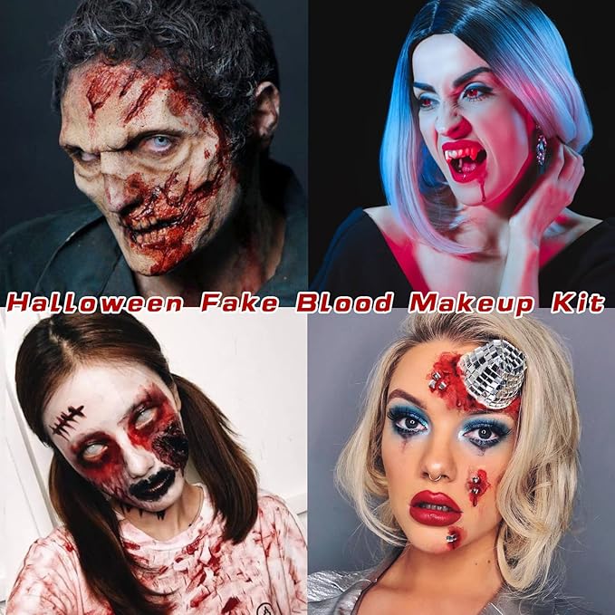 4PCS Fake Blood Makeup Kit, Washable Fake Blood Spray 2.1oz, Dripping Blood 2.1oz, Coagulated Blood 1.06oz and One Stipple Sponge, Halloween SFX Makeup for Zombie,Vampire and Monster Cosplay