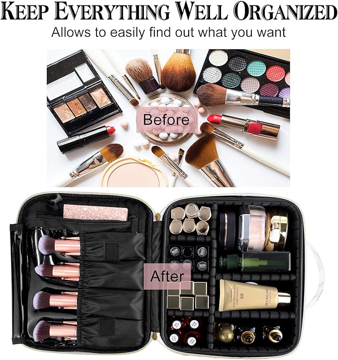 Travel Makeup Bag 10.4 Inches Portable Makeup Train Case Cosmetic Bag Organizer with Adjustable Dividers and Shoulder Strap for Cosmetics Brushes Toiletry Jewelry Digital Accessories (Marble)