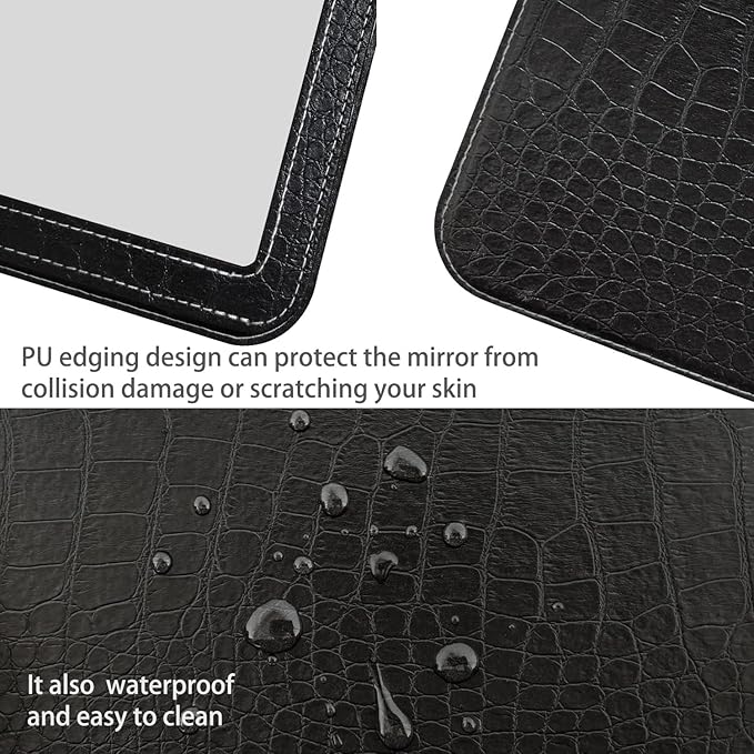 Black Foldable Desk Mirror, 5.3×6.9” Adjustable Angle Rounded Rectangle PU Edge Covering Travel Mirror with Stand (MBlack)