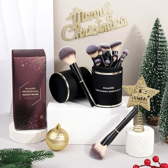 MAANGE 13Pcs Makeup Brushes with Case, Professional Brochas De Maquillaje for Face & Eyes, Soft Synthetic Foundation Powder Blush Eyeshadow Brush Kit with Gift Box,Black