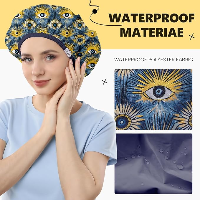 Years Calm Evil Eye Shower Caps for Women Reusable Waterproof, Pattern and Solid Color Dual-Layer Design, Hair Cap for Shower with Elastic Band, Fits Braids, Dreadlocks & Long Hair (Royal Blue)