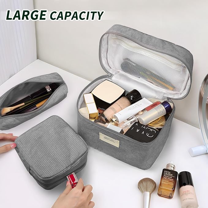 4 Pcs Makeup Bag for Women Corduroy Cosmetic Bag Aesthetic Cute Bags Multi Size Purse Pouch Travel Toiletry Bag Set Makeup Organizer with Zipper (08-Gray)