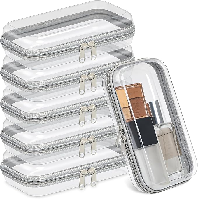 Sanwuta 6 Pcs Clear Hard Zipper Case Pencil Pouches Hard Plastic Zipper Pouches Makeup Bag Transparent Cases for Snacks Plastic Storage Organizer Box for Travel(Gray,7.48 x 3.94 x 2 Inch)