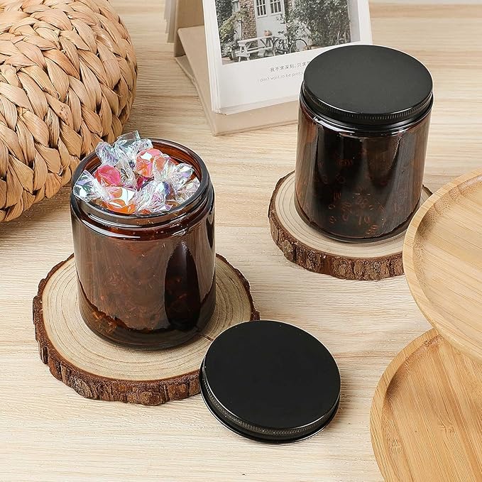 Lallisa 48 Pcs 8 oz Amber Glass Jars with Black Lids Round Glass Cosmetic Jars with Lids Empty Amber Containers Refillable Food Storage Containers for Spice Powder Liquid Sample Makeup