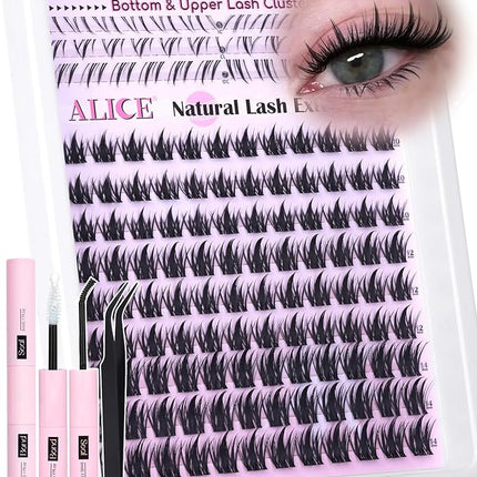 ALICE Lash Clusters Kit Natural Anime Eyelash Clusters Kit 10-14mm Wispy Manga Cluster Eyelash Extension Kit Sipky Clear Band Individual Cluster Lashes with 5-7mm Bottom Lashes Bond and Seal