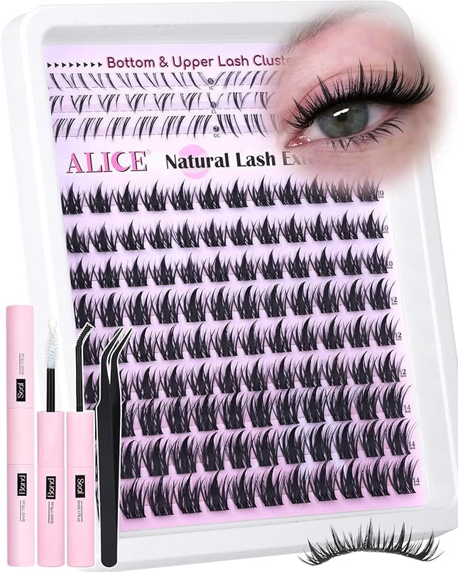 ALICE Lash Clusters Kit Natural Anime Eyelash Clusters Kit 10-14mm Wispy Manga Cluster Eyelash Extension Kit Sipky Clear Band Individual Cluster Lashes with 5-7mm Bottom Lashes Bond and Seal
