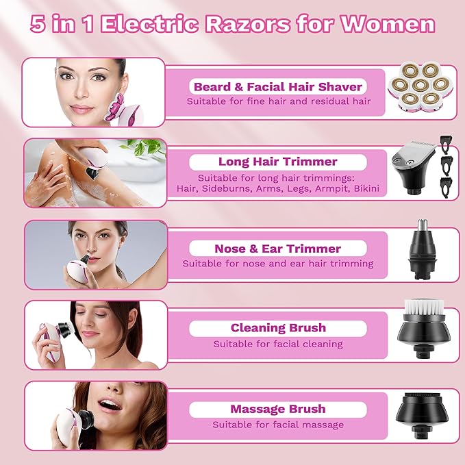 Electric Razors for Women, 7D Electric Shaver for Women, 5 in 1 Lady Shavers, Wet/Dry Bikini Trimmer, Painless Face Razor for Arms Legs Armpit Pubic Area