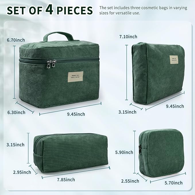 4 Pcs Makeup Bag for Women Corduroy Cosmetic Bag Aesthetic Cute Bags Multi Size Purse Pouch Travel Toiletry Bag Set Makeup Organizer with Zipper(Green)