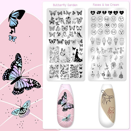 Biutee Nail Stamper Kit 12Pcs Nail Art Stamping Plate 8 Colors Stamp Polish Gel with Top Coat and Base Coat Set Silicone Stamper Scraper, Nail Stamp Plates Love Flower Butterfly Leaf Valentine Design