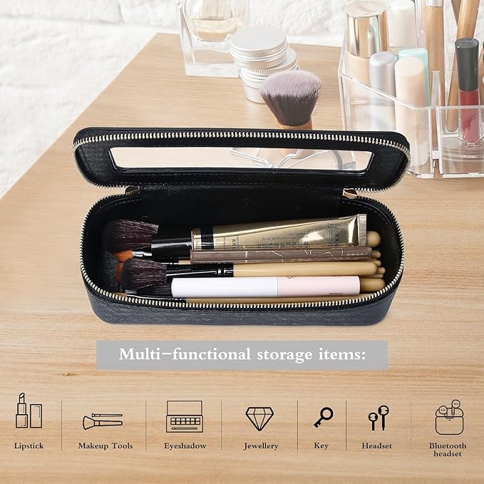Pinkmik Makeup Brush Case Clear Travel Cosmetic & Toiletry Bag Small Makeup Bag with Zipper Purse Organizer Car Essential Bag for Women (Black, SLIM)