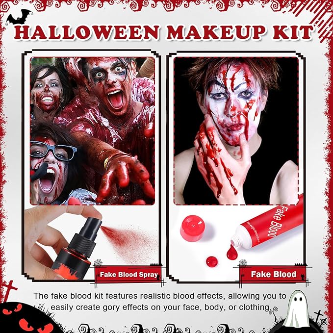 CAHIUYOA 3PCS Halloween Special Effects Makeup Kit - Washable Fake Blood Spray,Fake Blood Cream,Stipple Sponge, Face Body SFX Cosplay Kit for Vampire Zombie Clown Makeup