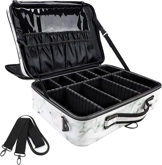 JOURMON Travel Makeup Case Portable Makeup Train Case Organizer Cosmetic Bag with Adjustable Dividers and Shoulder Strap for Makeup Brushes Toiletry Travel Accessories(Marble White Black, L)