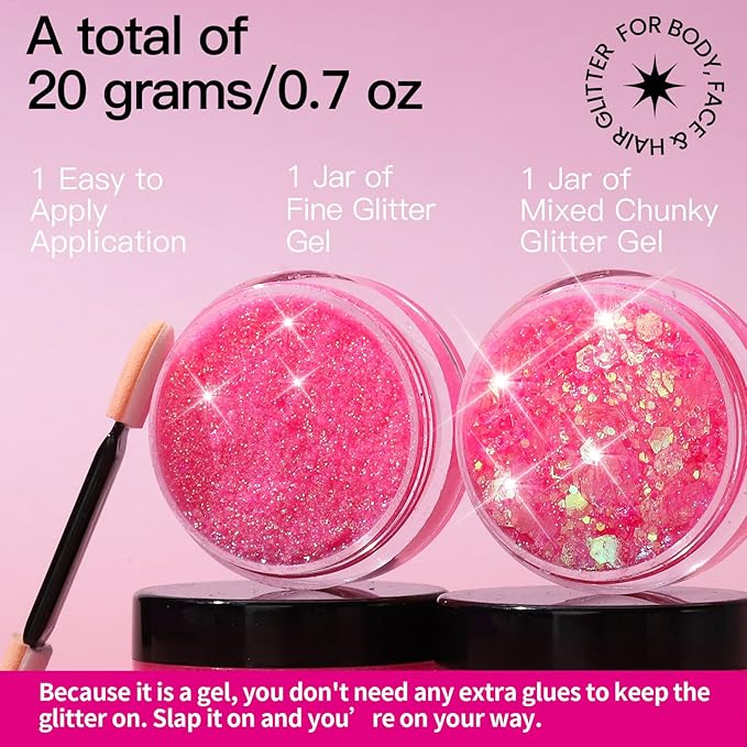 Teenitor Face Glitter, 2pcs Pink Body Glitter Gel, 20g/0.7oz Makeup Glitter for Face, Body, Eye, Hair Glitter Gel, Pink Glitter Gel for Face & Body - 2 Sizes, Festival Glitter Gel